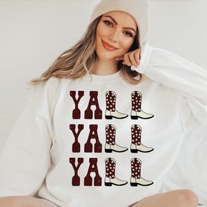 Yall Yall Yall Maroon Aggie Cowboy Cowgirl Western Boots White Sweatshirt